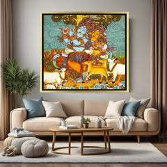 Luxury Radha Krishna Kerala mural artwork in golden floater frame with intricate traditional design
