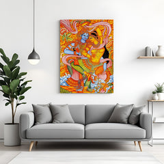 Radha Krishna Kerala mural canvas painting in traditional Indian style for spiritual home wall decor and South Indian ethnic interiors
