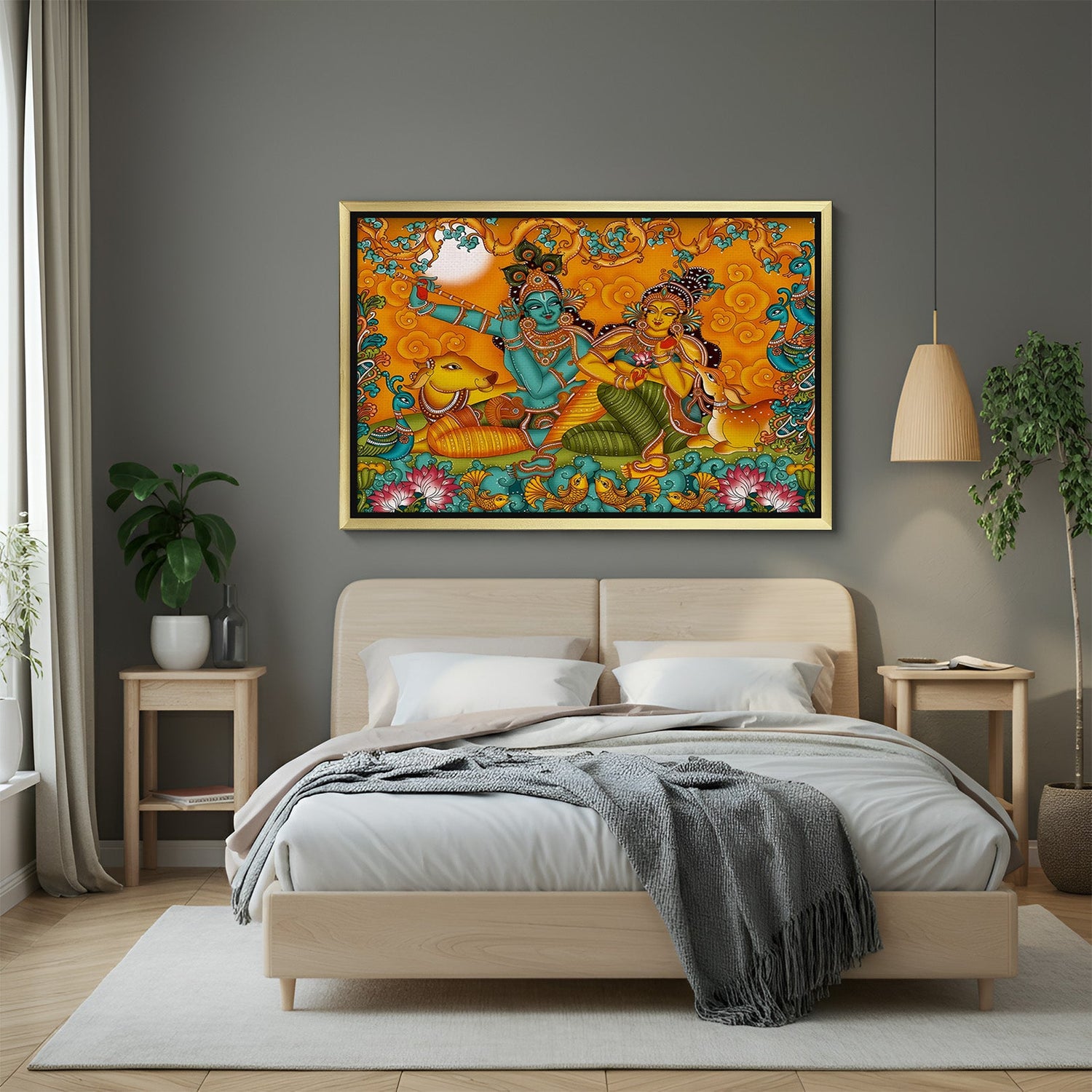 Golden frame Kerala mural of Radha Krishna – divine and Vastu-inspired canvas wall art for spiritual and artistic interiors