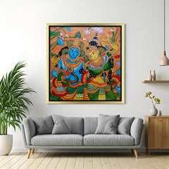 Radha Krishna Kerala mural canvas painting in golden floater frame for spiritual and ethnic home wall art