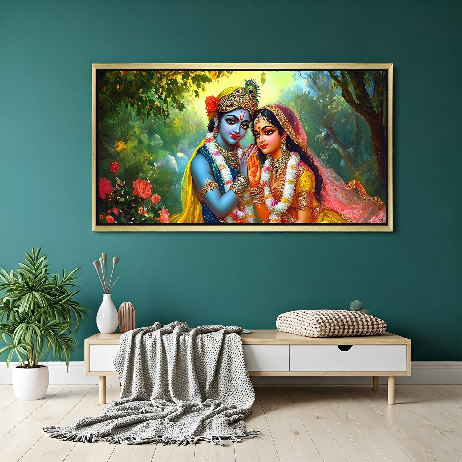 Golden floater frame Divine Radha Krishna large canvas art symbolizing divine love and strength for pooja room and office decor