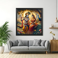 radha krishna canvas wall art in black floater frame ideal for vastu decor to bring peaceful energy and enhance loving relationships