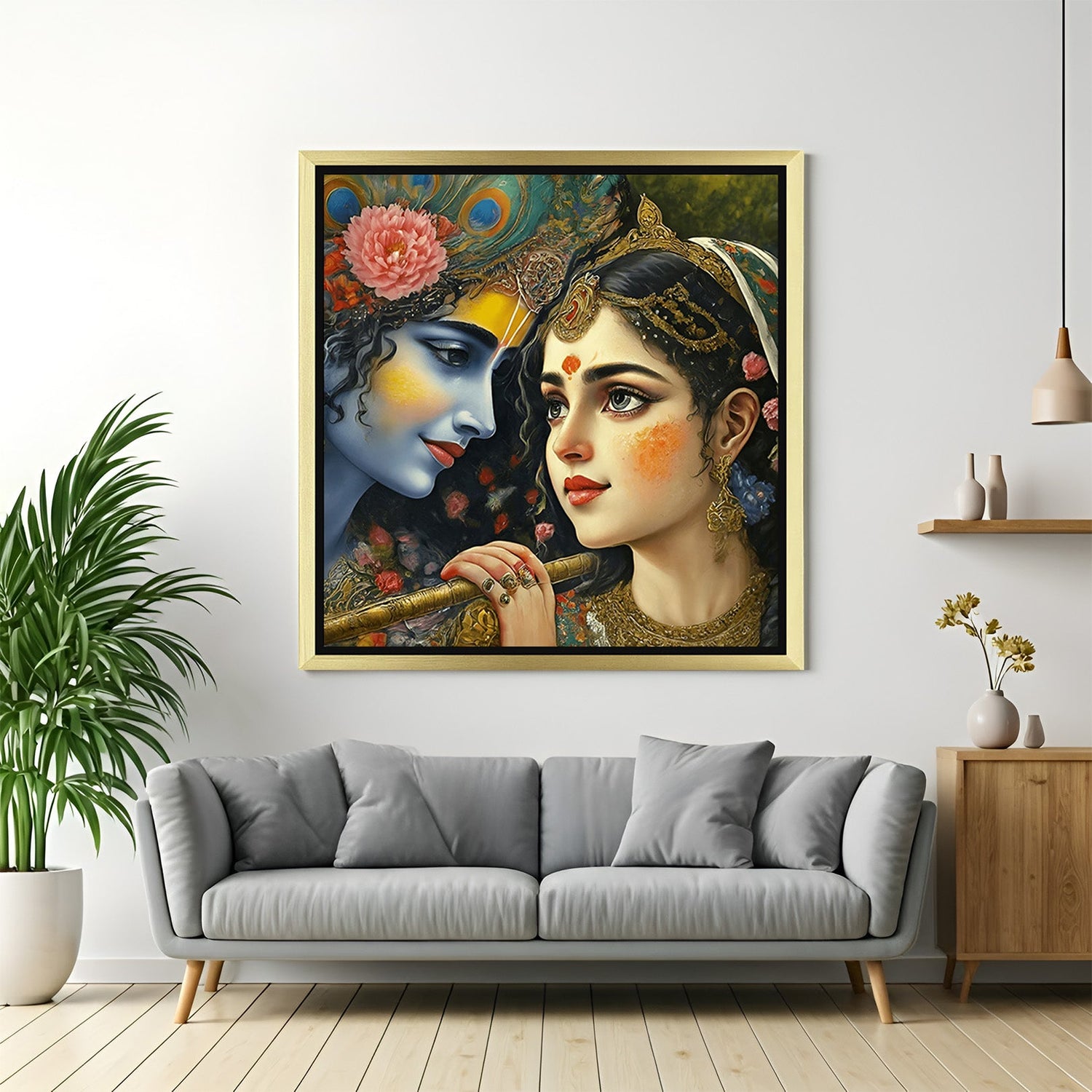 Golden frame Radha Krishna Vastu Wall Art for home and couple’s bedroom, symbolizing sacred love, emotional peace, and divine unity