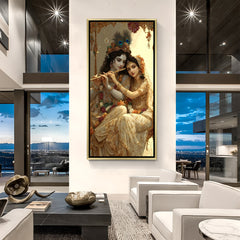 Elegant Radha Krishna wall art in gold frame featuring divine couple in warm golden tones.
