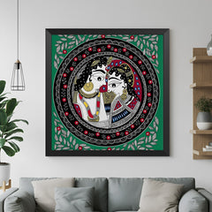 Radha Krishna Madhubani painting in black floater frame showcasing Eastern Indian folk art for classic decor