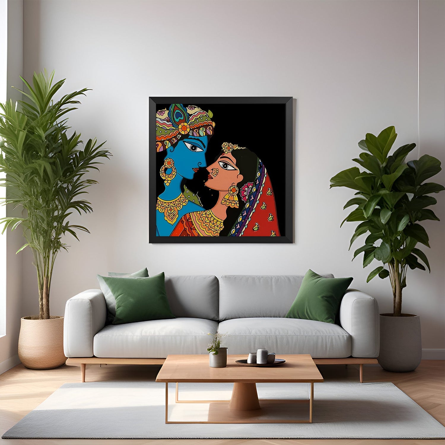 Black frame Madhubani Radha Krishna painting – ethnic Indian canvas wall art for devotional and cultural home decor