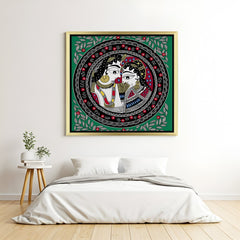 Radha Krishna Madhubani canvas in golden floater frame for Eastern Indian ethnic interiors with Vastu appeal