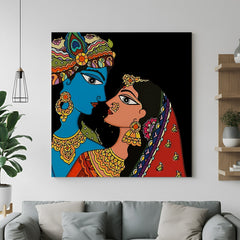 Radha Krishna Madhubani canvas painting – traditional Indian folk art wall decor for spiritual and ethnic interiors