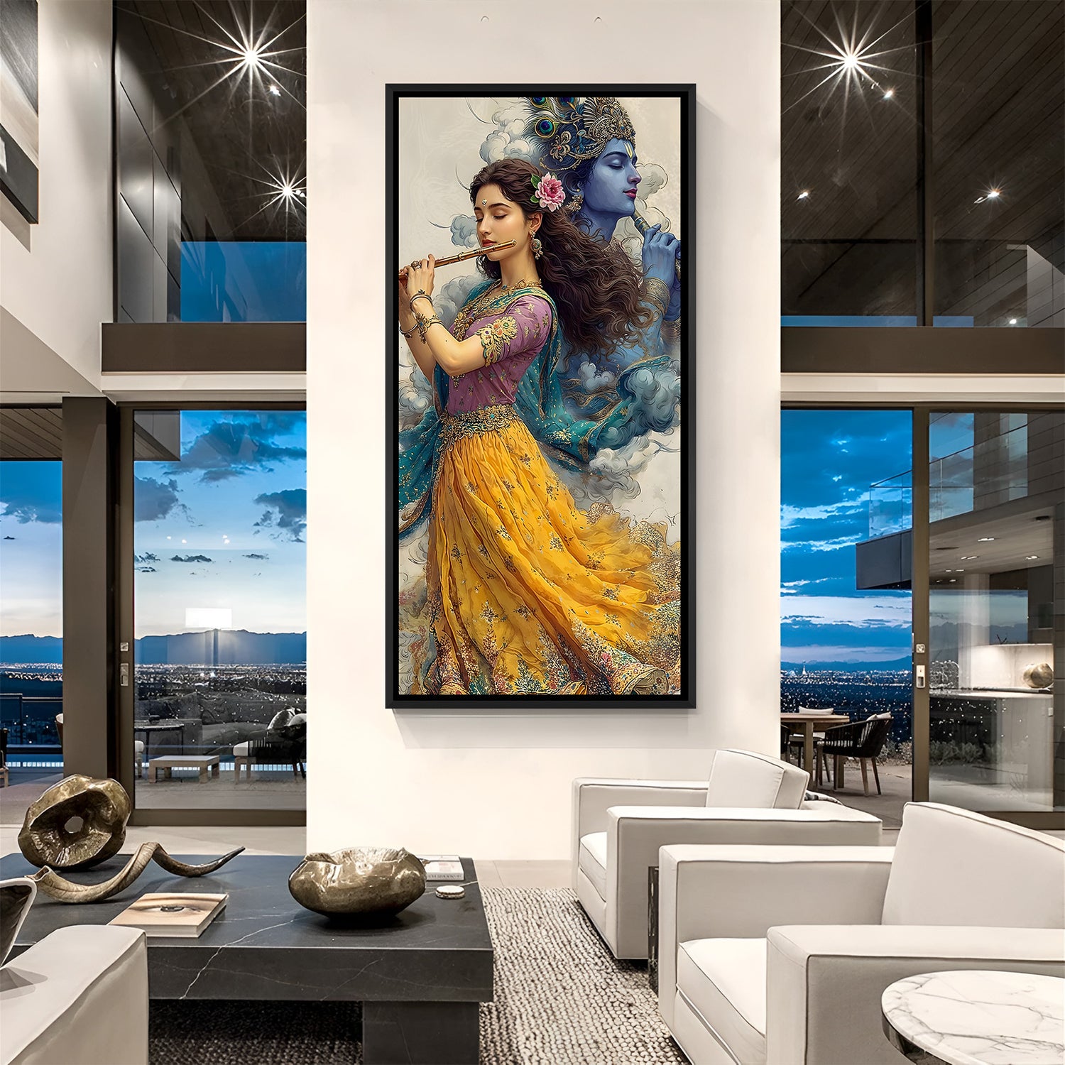 Framed Radha Krishna devotional wall art in black frame displayed in modern living space.