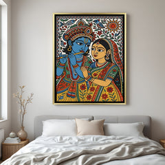 Divine Radha Krishna Madhubani painting canvas in golden floater frame with Krishna flute design