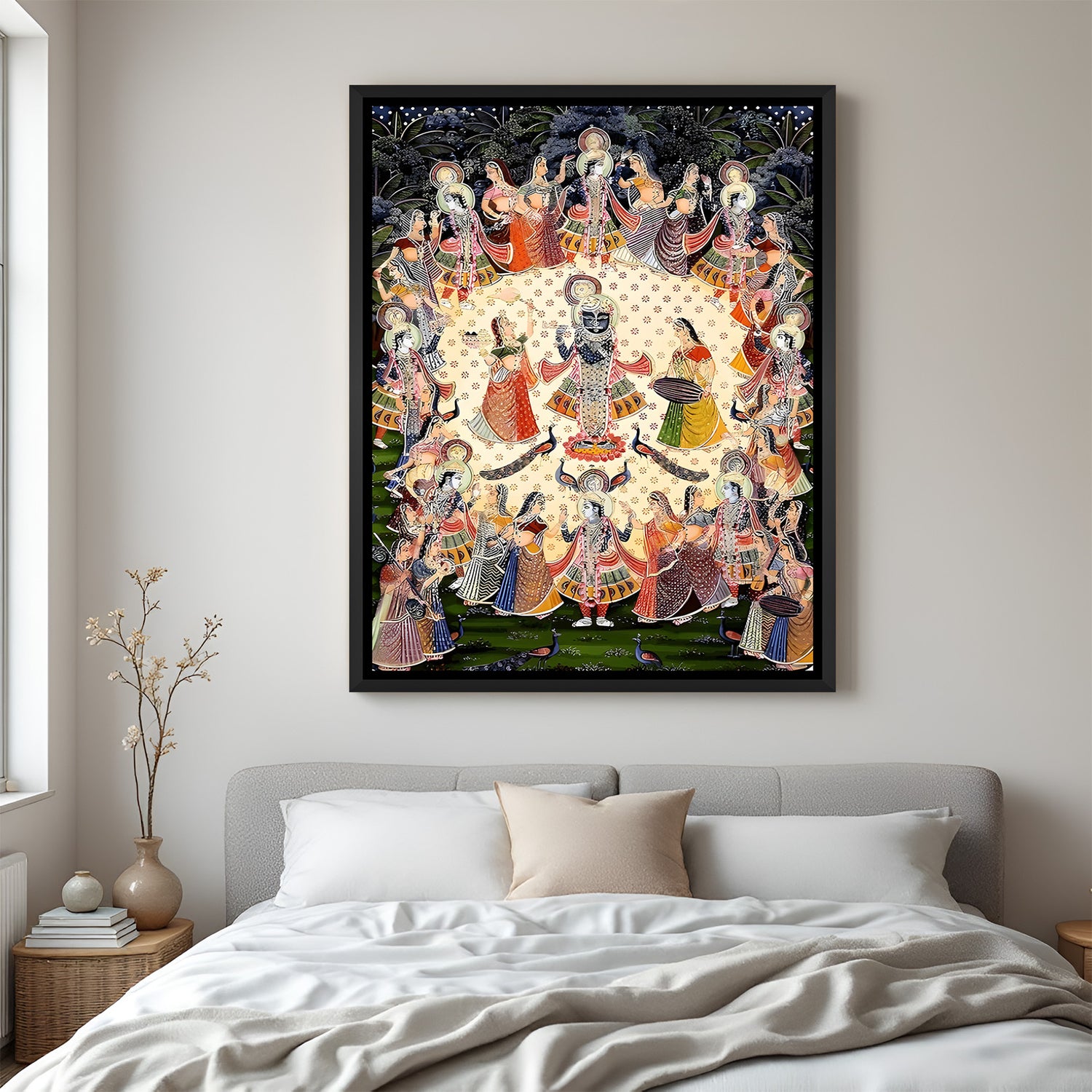 Radha Krishna Raas Leela painting black floater frame wall art for living room decor