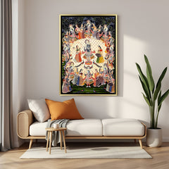 Radha Krishna Raas Leela golden floater frame canvas wall art premium spiritual painting for home decor