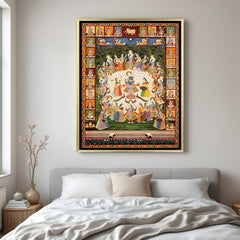Radha Krishna Raas Leela Pichwai golden floater frame canvas wall art premium spiritual painting for home decor