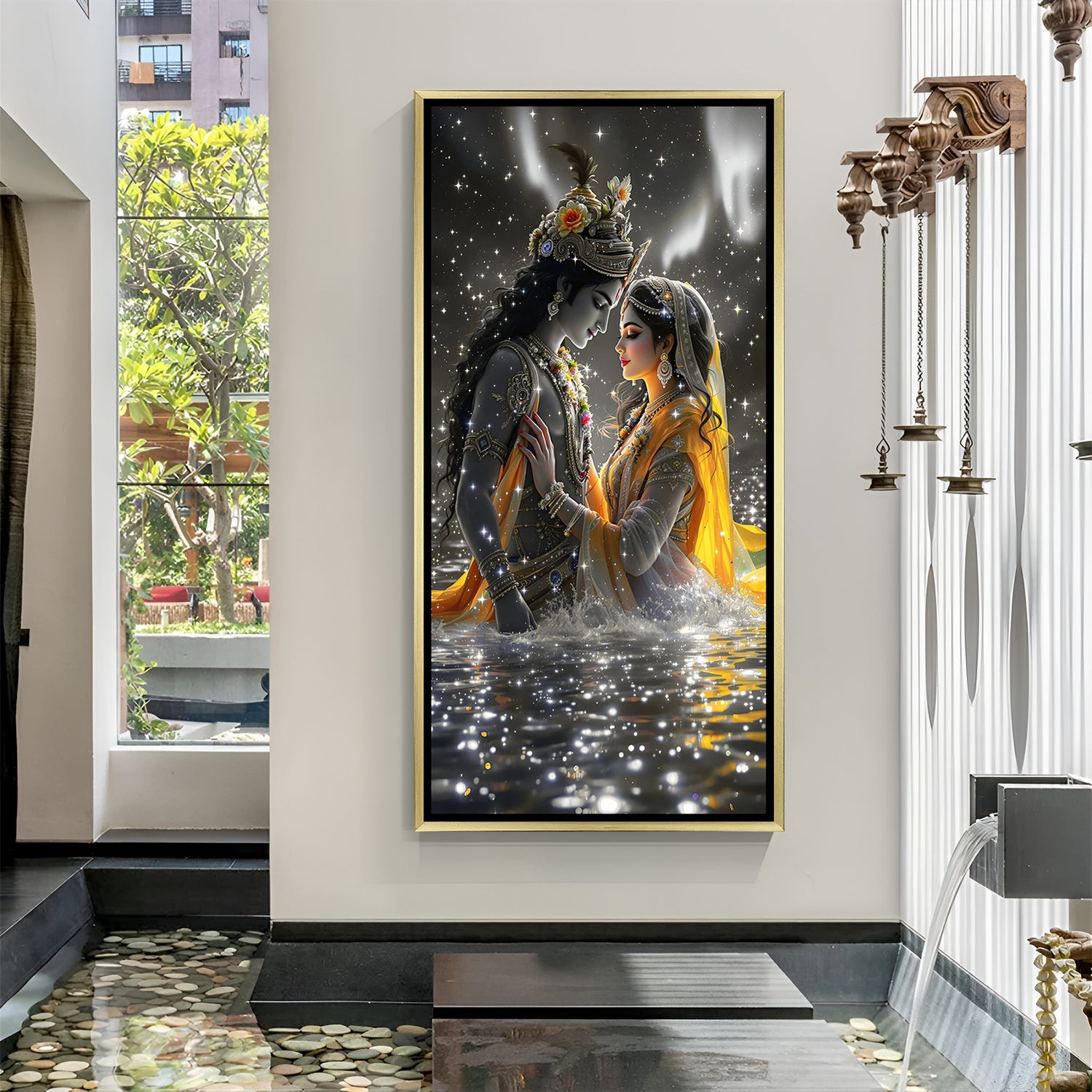 Rosewood framed Radha Krishna love theme art – traditional Indian spiritual decor