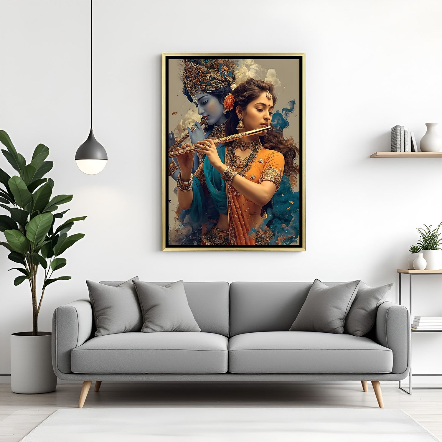 Elegant Radha Krishna portrait artwork in gold frame with intricate jewelry and peacock feather crown.