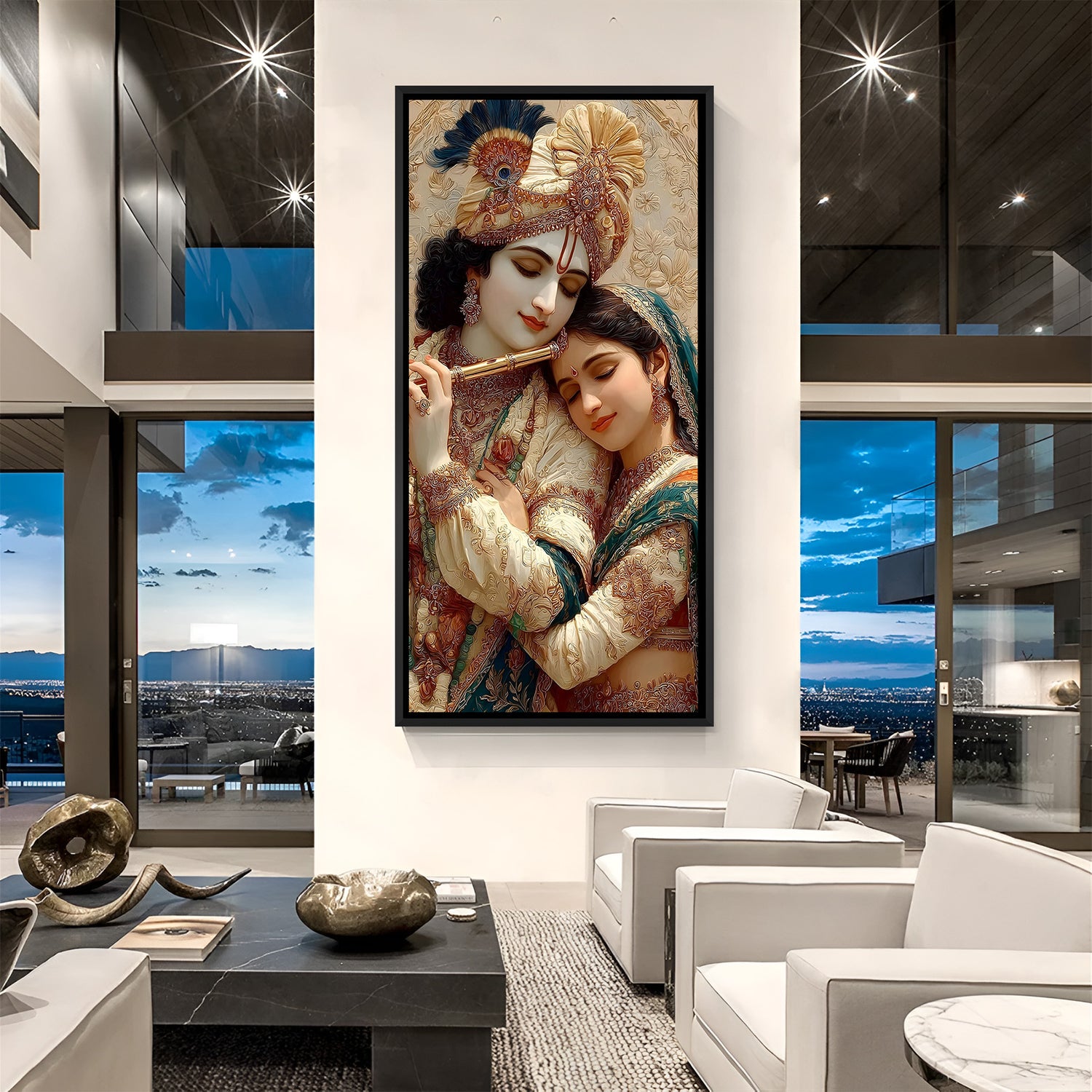 Framed Radha Krishna vertical wall art displayed in modern spiritual interior.