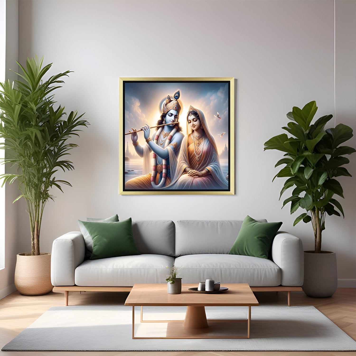 Golden floater frame Radha Krishna canvas painting for home or bedroom wall decor, enhancing Vastu positivity and divine energy