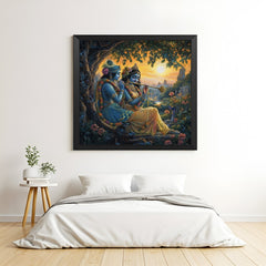 Black floater frame Radha Krishna spiritual canvas wall art for Vastu harmony, peace, and divine connection in home decor