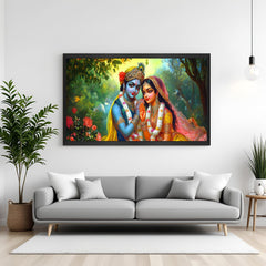 Black floater frame Divine Radha Krishna canvas painting promoting harmony and devotion for spiritual home decoration