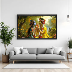Radha Krishna canvas painting in black floater frame with peaceful design, vastu alignment, and spiritual Indian decor for love and calmness