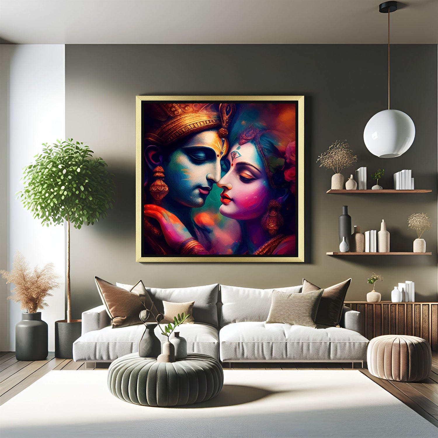 Radha Krishna Vastu Wall Art in golden floater frame for spiritual bedroom decor, love, and divine energy
