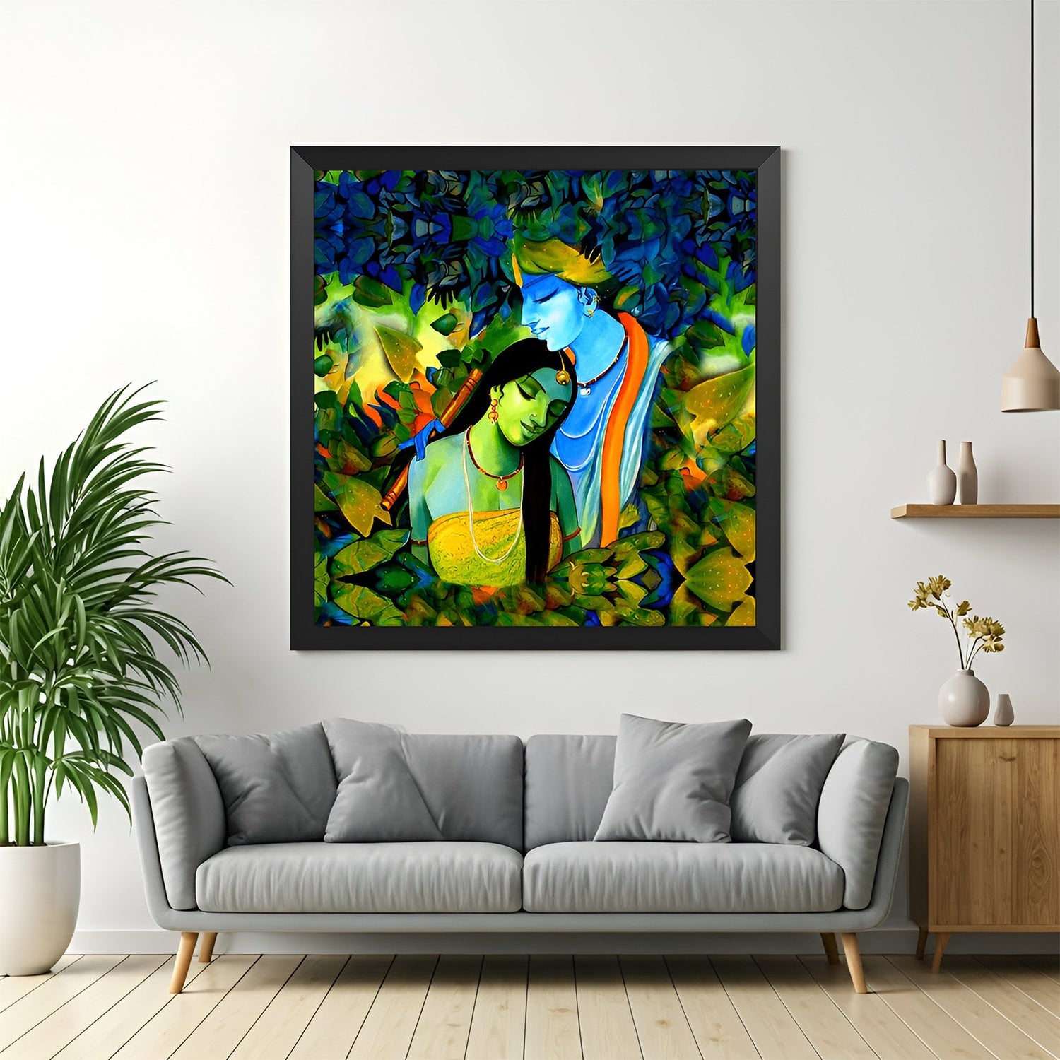 Radha Krishna canvas painting in black frame – divine Vastu wall art for peaceful bedroom and living room interiors