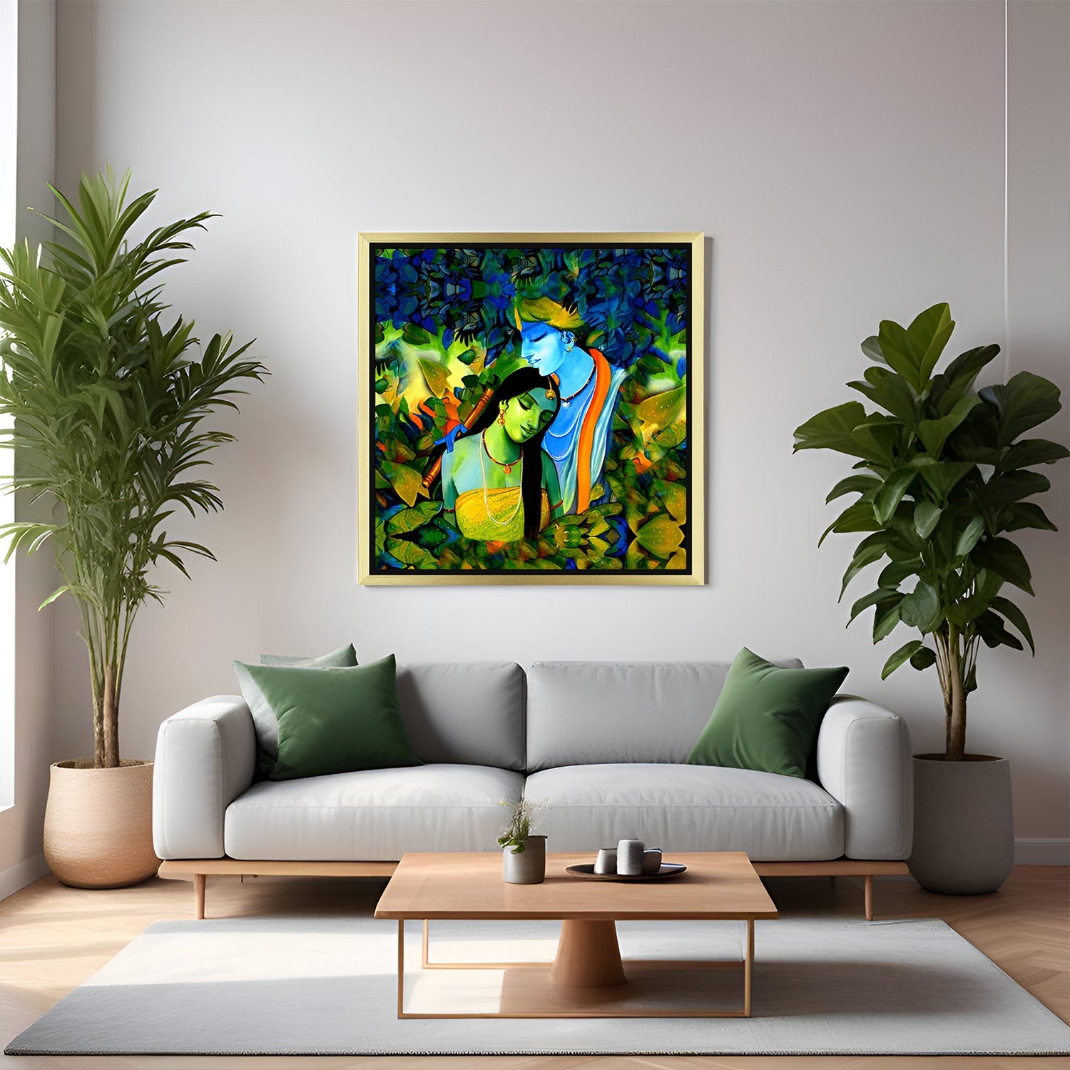 Golden frame Radha Krishna Vastu canvas painting – elegant spiritual wall art for positive and harmonious home decor