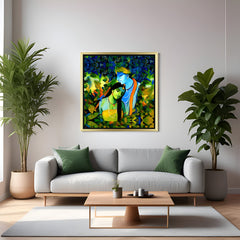 Golden frame Radha Krishna Vastu canvas painting – elegant spiritual wall art for positive and harmonious home decor