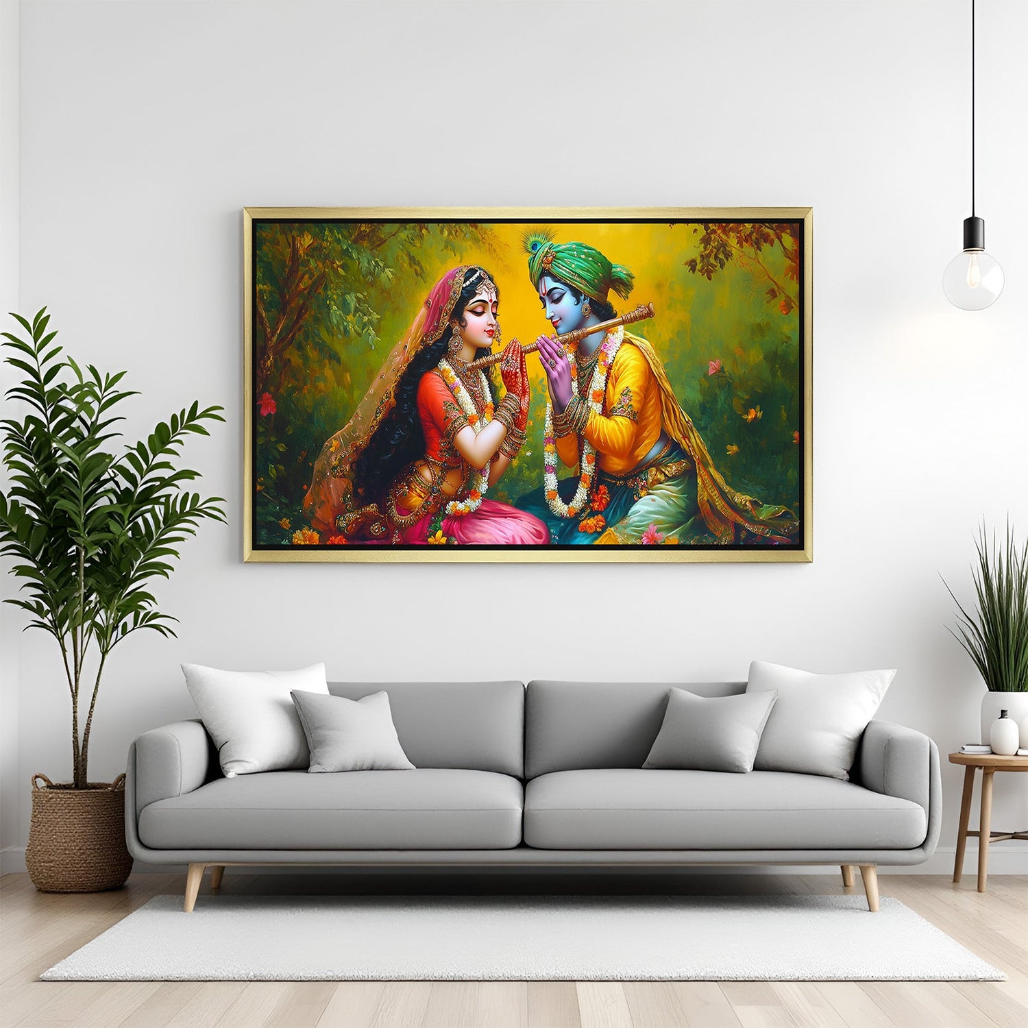 Golden floater frame Radha Krishna canvas wall art symbolizing love, spirituality, and Vastu harmony for home interiors