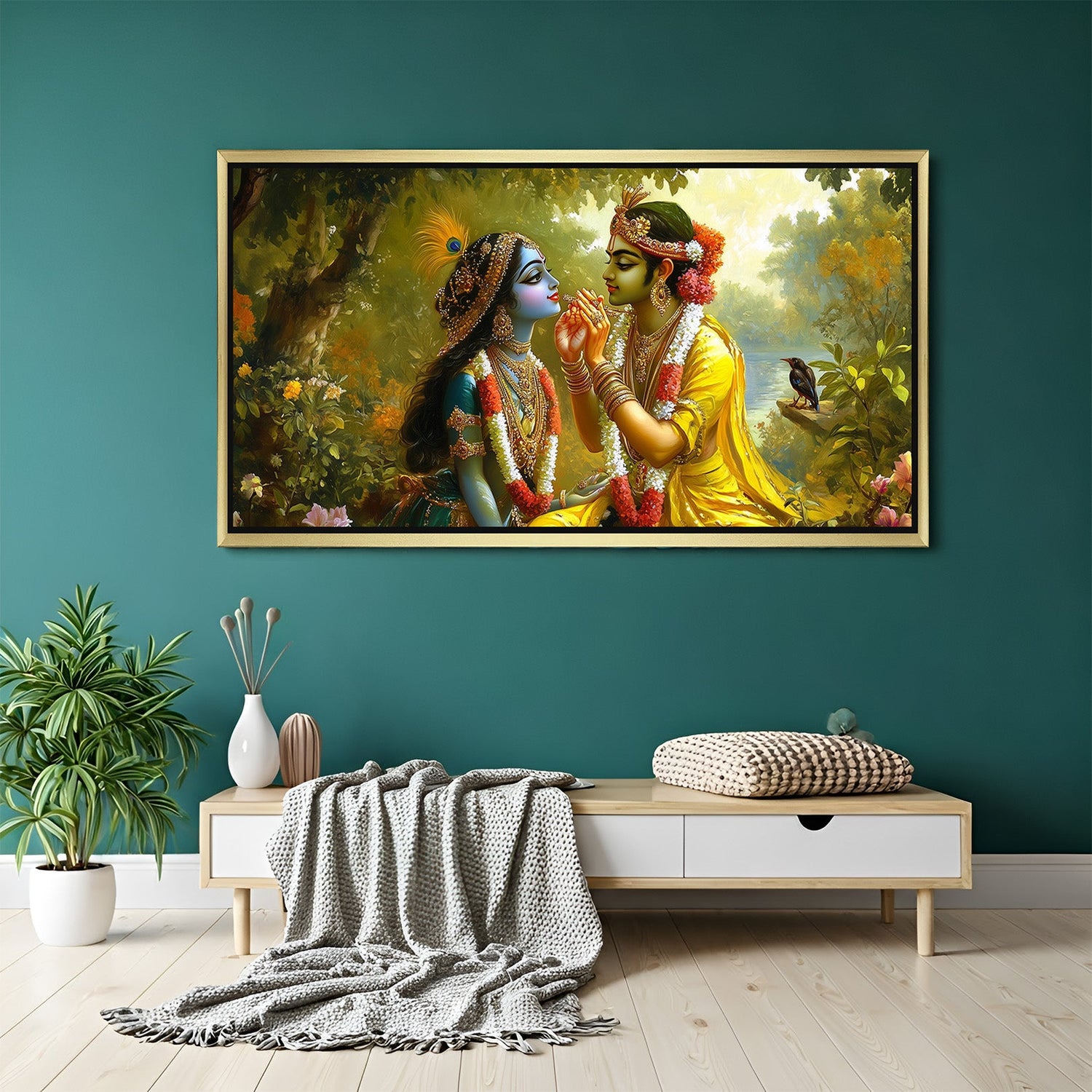 Radha Krishna vastu wall art in golden floater frame with spiritual beauty, elegant detail, and vastu energy for home and meditation areas