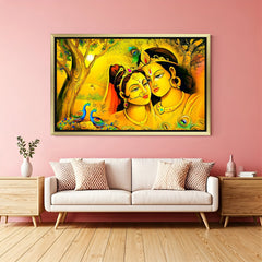 golden frame vastu canvas painting of radha krishna to enhance harmony and spiritual atmosphere in home or pooja room