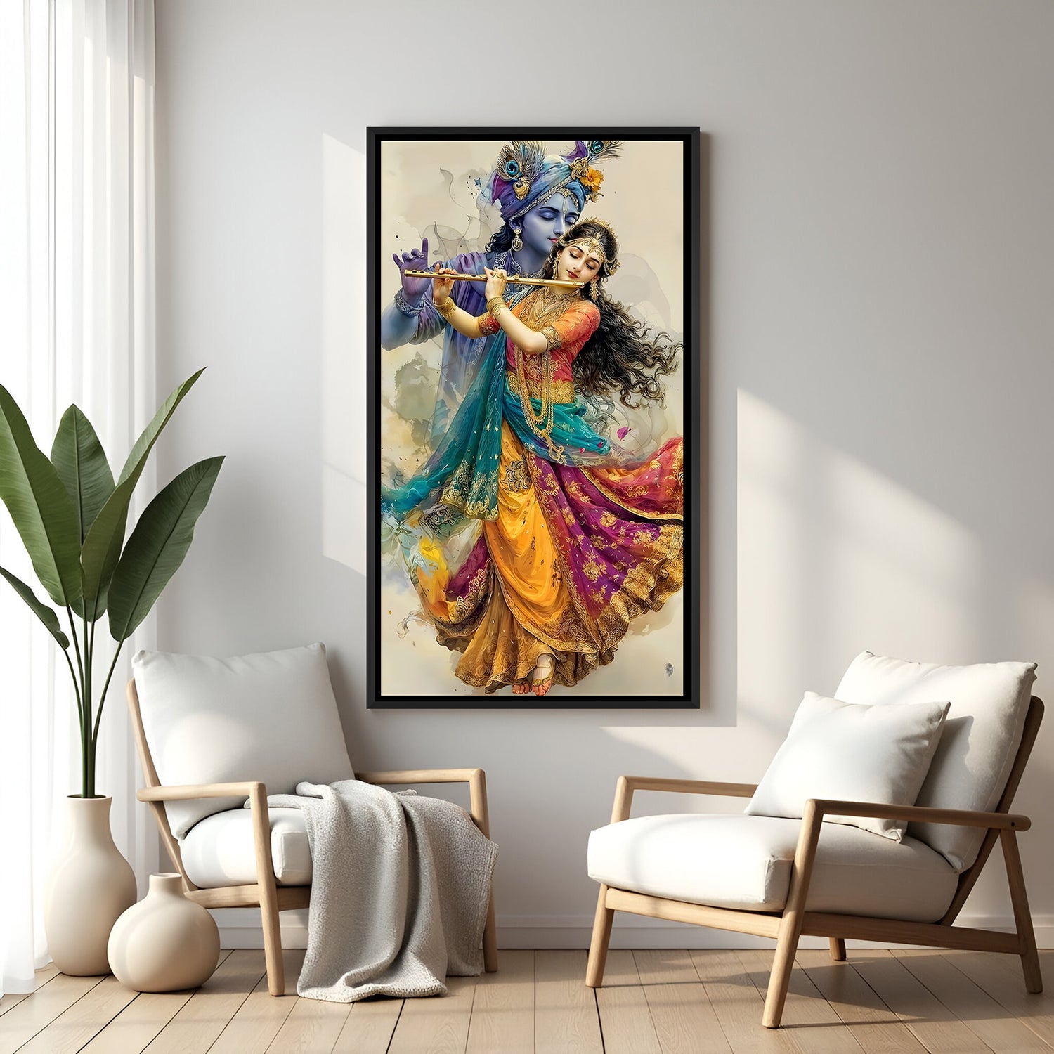 Framed Radha Krishna vertical wall art displayed in modern entryway interior.