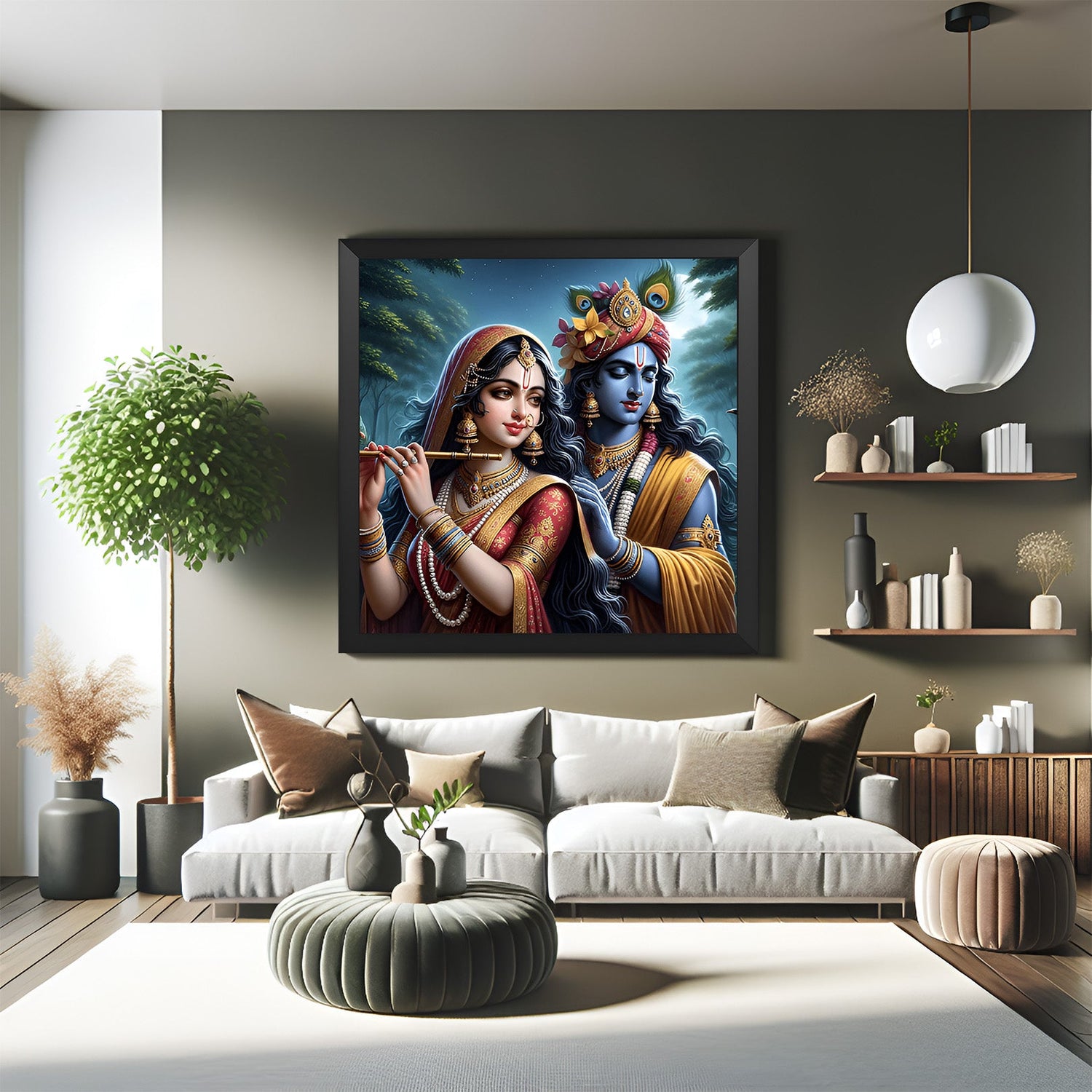 Radha Krishna Canvas Painting in black floater frame for peaceful home wall decor and spiritual connection