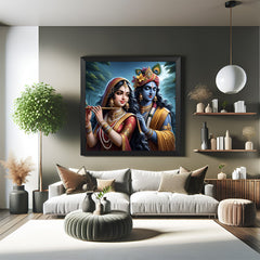 Radha Krishna Canvas Painting in black floater frame for peaceful home wall decor and spiritual connection