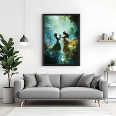 Black frame Radha Krishna canvas artwork showcasing divine harmony and spiritual balance for vastu wall decor