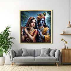 Radha Krishna Wall Art in golden floater frame for Vastu-based home decor, divine love, and sacred ambiance