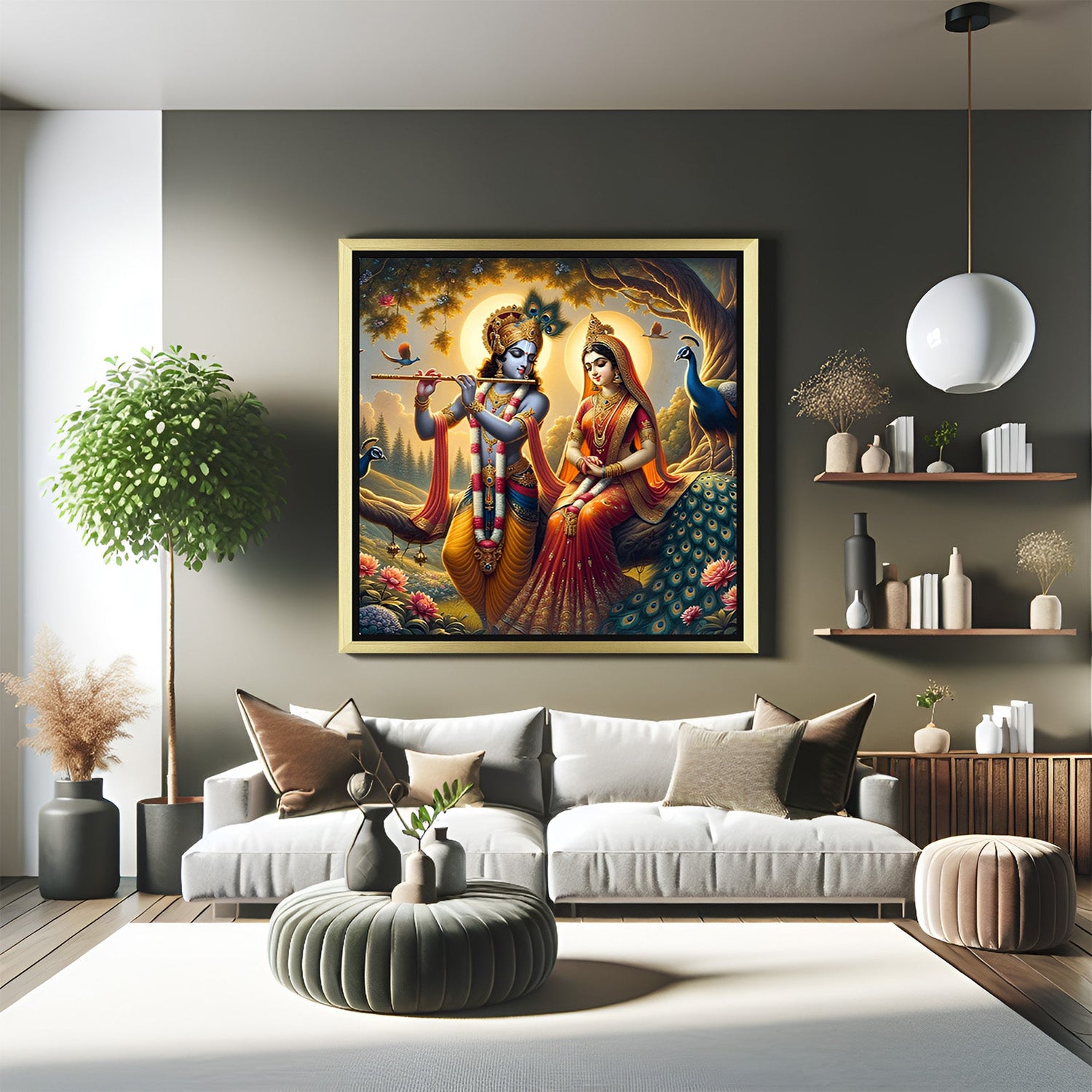 vastu radha krishna canvas painting in golden floater frame perfect for home and office to promote harmony serenity and spiritual love