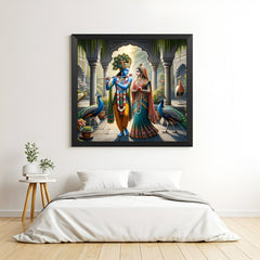 Radha Krishna wall painting with black floater frame for bedroom decor and Vastu peace