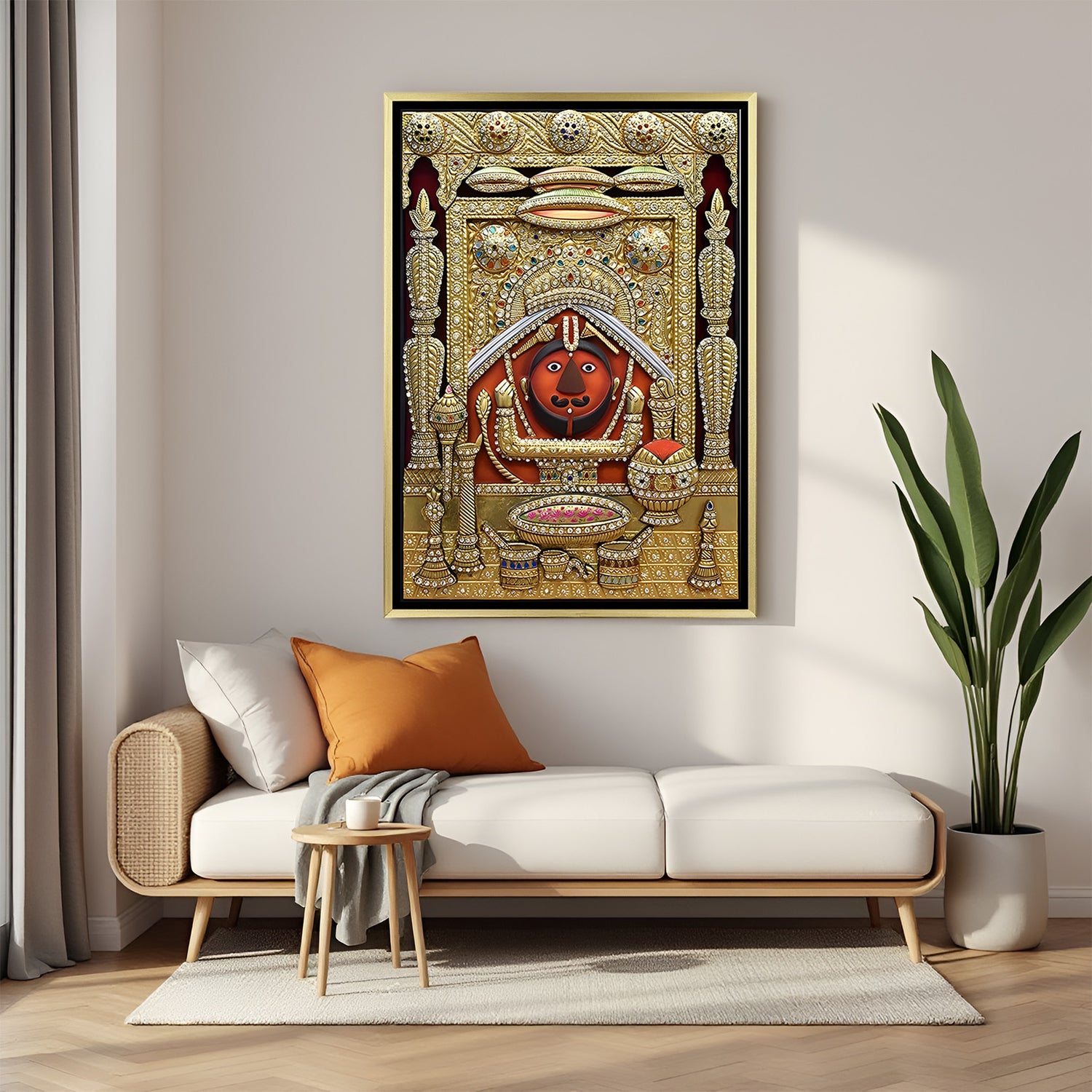 Radiance of Shree Salasar Dham artwork in luxury golden floater frame featuring divine Balaji portrait