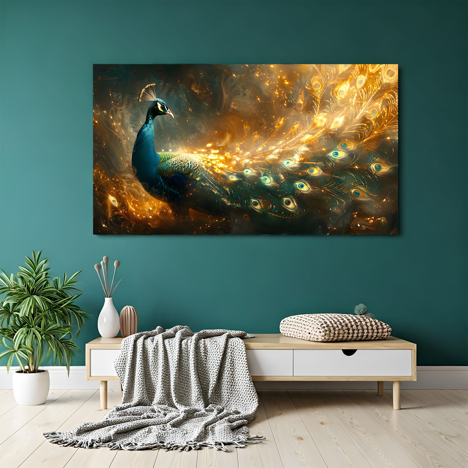 Panoramic golden peacock canvas with flowing luminous tail feathers displayed in modern living room interior.