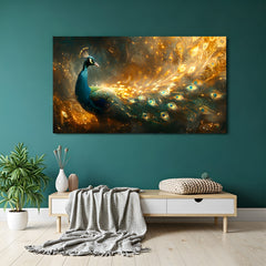 Panoramic golden peacock canvas with flowing luminous tail feathers displayed in modern living room interior.