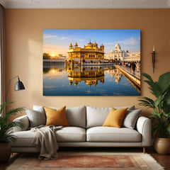 Radiant Golden Temple divine glow canvas wall art in premium canvas wrapped frame with luminous golden illumination