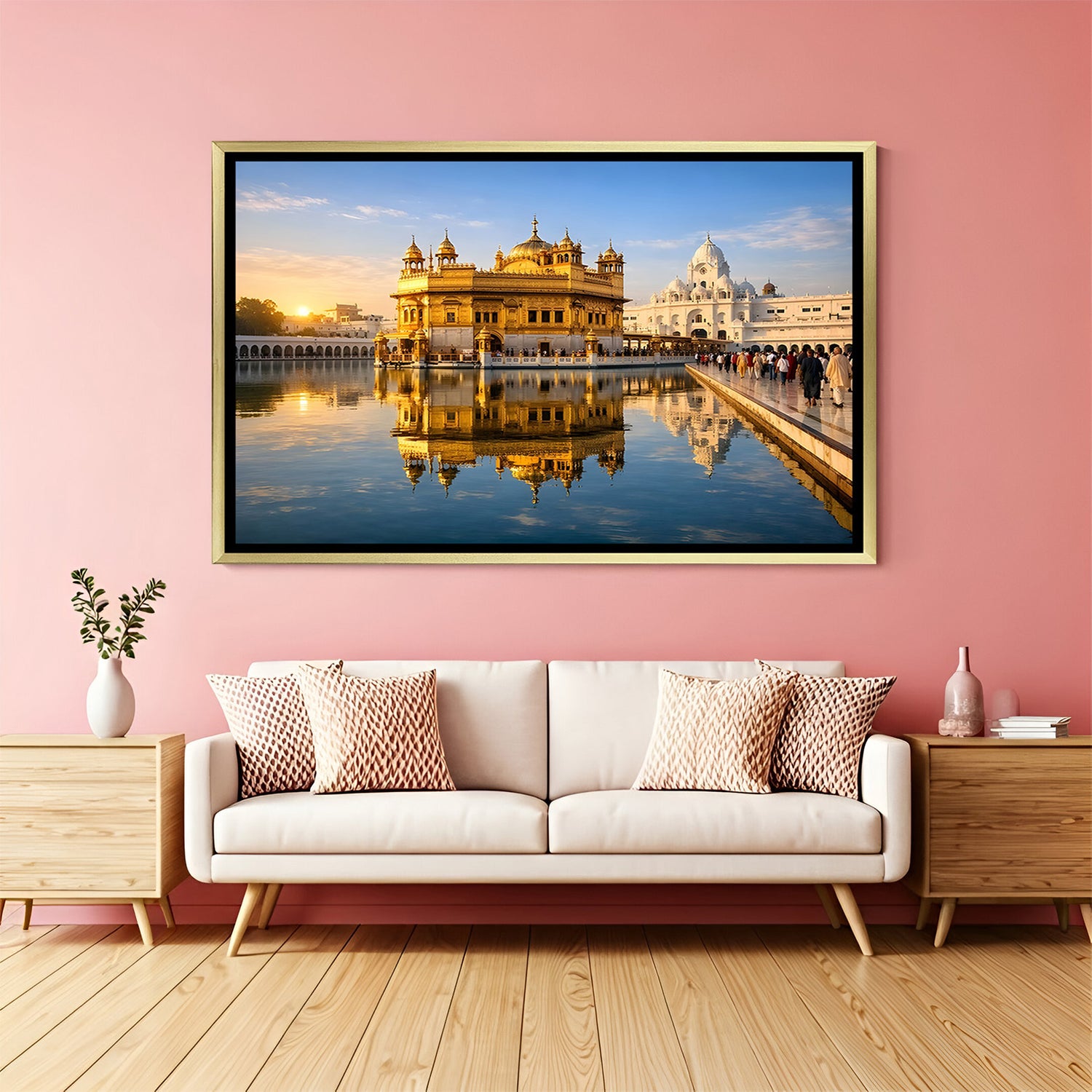 Golden Temple glowing artwork in luxury golden floater frame with radiant spiritual ambiance