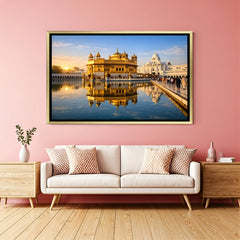 Golden Temple glowing artwork in luxury golden floater frame with radiant spiritual ambiance