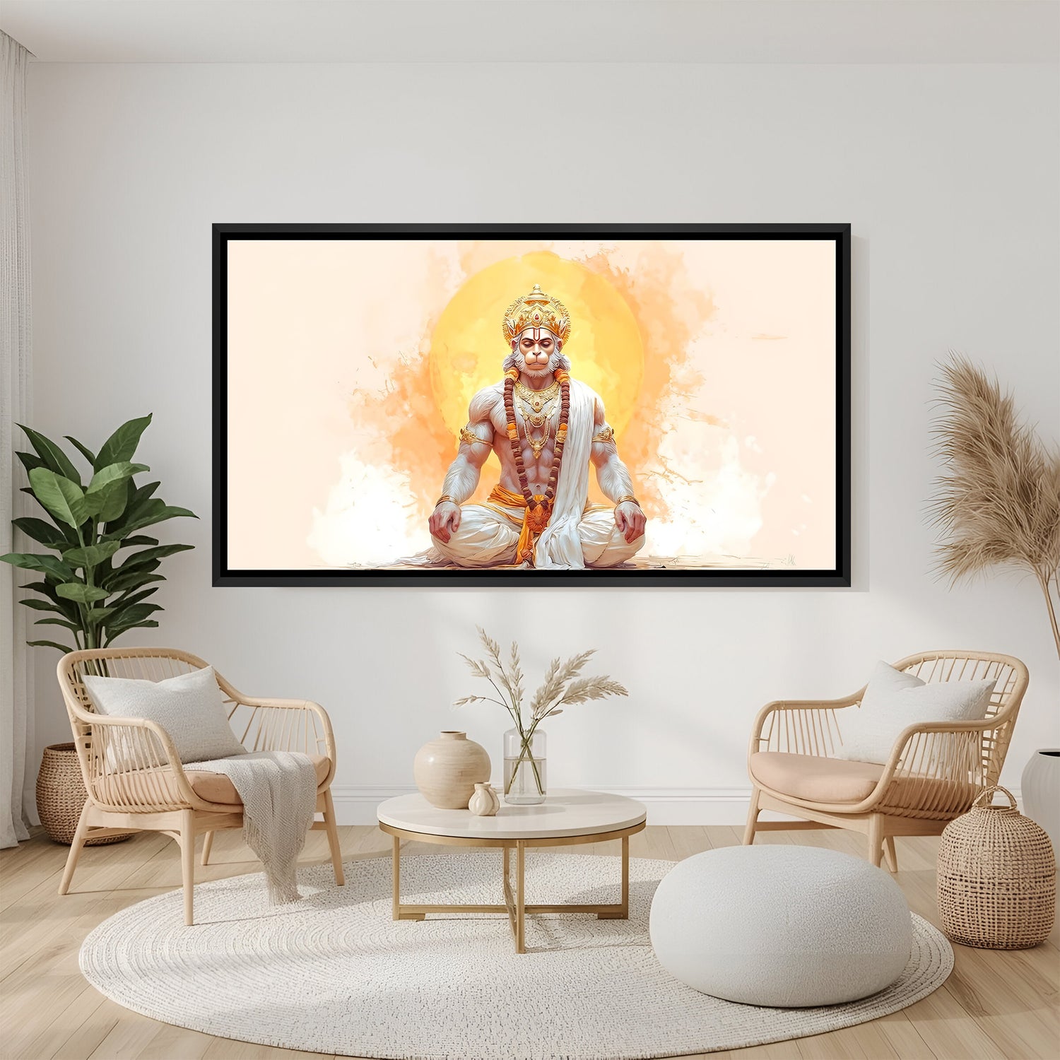 Spiritual Hanuman Ji meditation artwork in modern black frame.