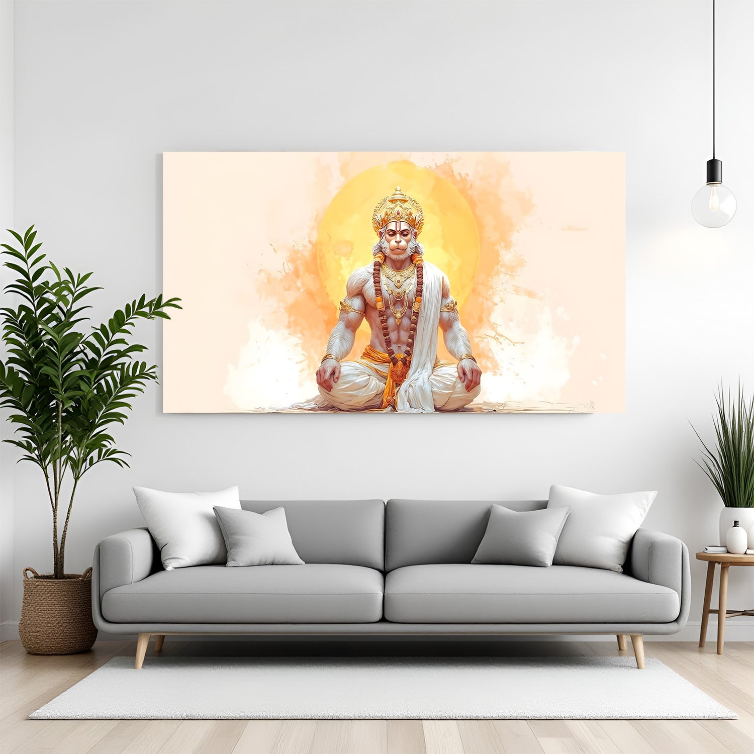 Meditating Hanuman Ji canvas wall art with glowing golden aura.
