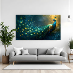 Canvas-wrapped panoramic peacock artwork with flowing teal and emerald feathers glowing under warm golden light, displayed above a contemporary grey sofa.