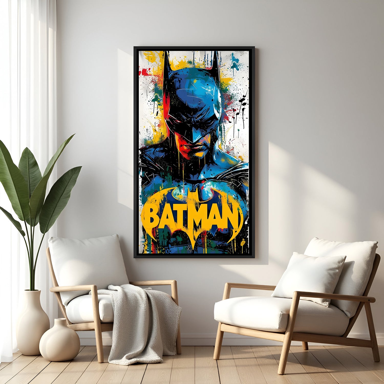 Batman fierce face artwork in elegant black floater frame featuring dramatic cinematic detailing