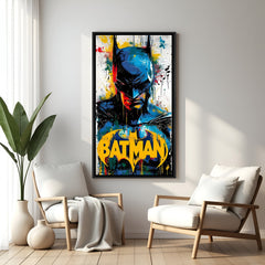 Batman fierce face artwork in elegant black floater frame featuring dramatic cinematic detailing