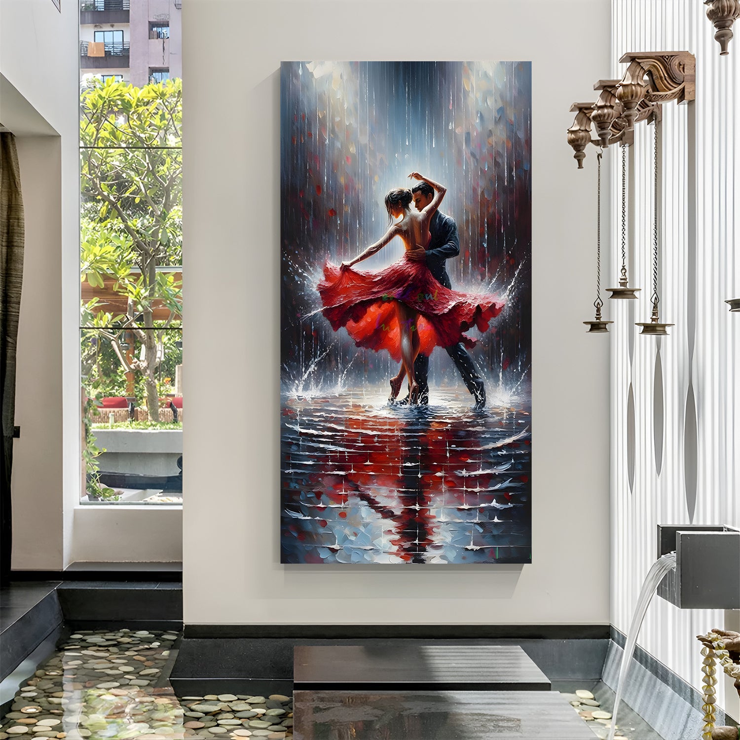 Rain dance romance modern art canvas wall painting with couple dancing in rainy weather in canvas wrapped frame